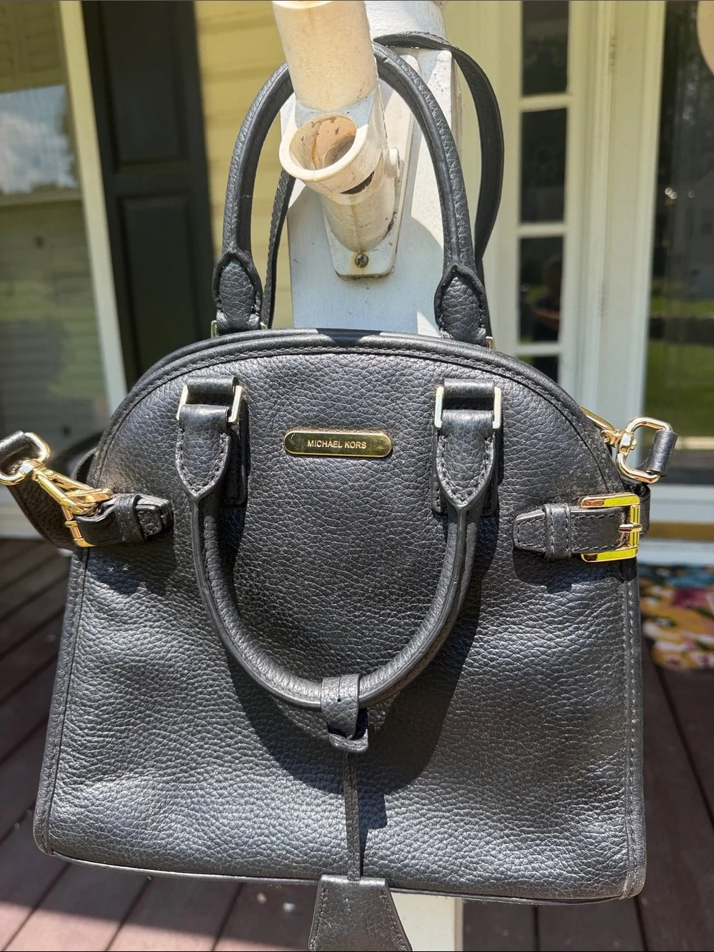 Michael Kors Black Pebbled Leather Dome Satchel with Gold Hardware